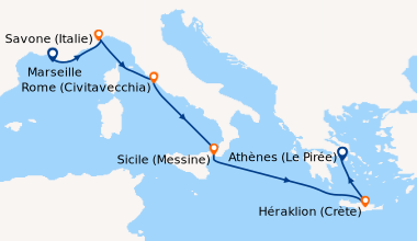 Itinéraire de la croisière France, Italie, Grèce