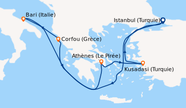 Itinéraire de la croisière Istanbul (Turquie), En mer, Corfou (Grèce), B...