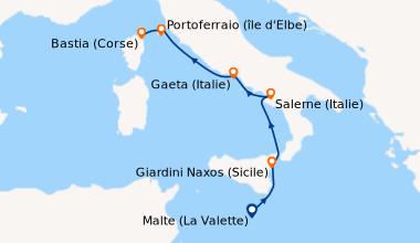 Itinéraire de la croisière Malte (La Valette), Giardini Naxos (Sicile), ...