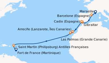 Itinéraire de la croisière France, Espagne, Gibraltar, Canaries, Antilles
