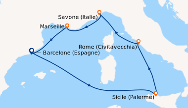 Itinéraire de la croisière Espagne, Italie, France
