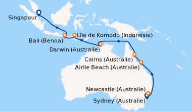 Itinéraire de la croisière Sydney (Australie), En mer, Mooloolaba, Queen...