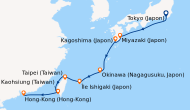 Itinéraire de la croisière Tokyo (Japon), En mer, Miyazaki (Japon), Kago...