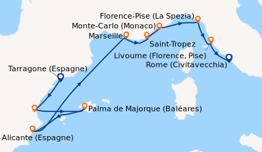 Itinéraire de la croisière Barcelone (Espagne), Valence (Espagne), Palma...