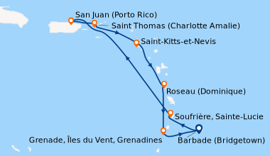 Itinéraire de la croisière Barbade (Bridgetown), Soufrière, Sainte-Lucie...