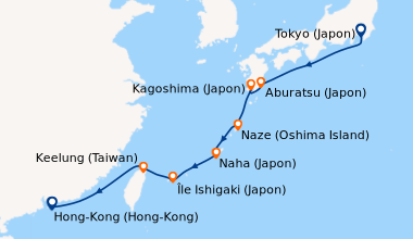 Itinéraire de la croisière Tokyo (Japon), En mer, Aburatsu (Japon), Kago...