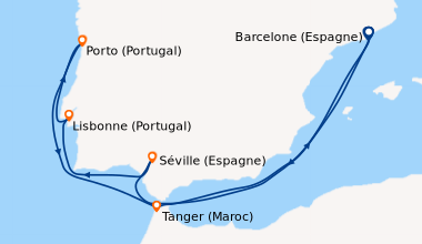 Itinéraire de la croisière Barcelone (Espagne), En mer, Séville (Espagne...