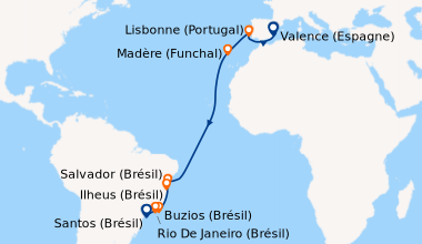 Itinéraire de la croisière Valence (Espagne), En mer, Lisbonne (Portugal...