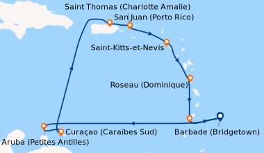 Itinéraire de la croisière Barbade (Bridgetown), En mer, Aruba (Petites ...