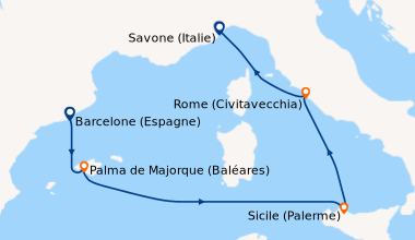 Itinéraire de la croisière Escales ensoleillées en Méditerranée
