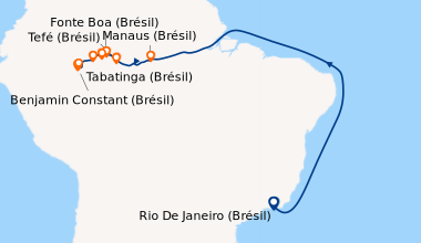 Itinéraire de la croisière Rio de Janeiro et croisière au fil de l'Amazone et du Rio Negro - Une exploration aux confins de la jungle, entre le Brésil et la Colombie, au coeur de l'Amazonie Originelle (MTA_RIOPP)