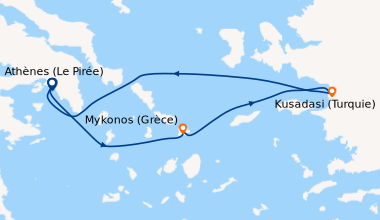 Itinéraire de la croisière Athènes (Le Pirée), Mykonos (Grèce), Kusadasi...
