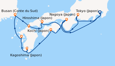 Itinéraire de la croisière Tokyo (Japon), Nagoya (Japon), Osaka (Japon),...