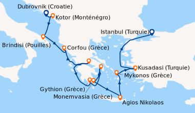 Itinéraire de la croisière Dubrovnik (Croatie), Kotor (Monténégro), Brin...
