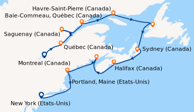 Itinéraire de la croisière Montreal (Canada), Québec (Canada), Saguenay ...