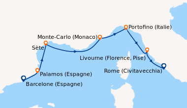 Itinéraire de la croisière Barcelone (Espagne), Palamos (Espagne), Sète,...