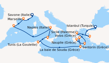 Itinéraire de la croisière Turquie, Grèce, Tunisie, Italie, Espagne, France