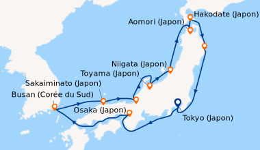 Itinéraire de la croisière Tokyo (Japon), En mer, Osaka (Japon), En mer,...