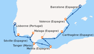 Itinéraire de la croisière Barcelone (Espagne), Valence (Espagne), Carth...