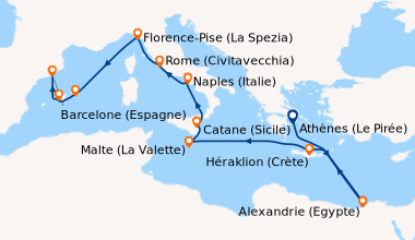 Itinéraire de la croisière Athènes (Le Pirée), En mer, Alexandrie (Egypt...