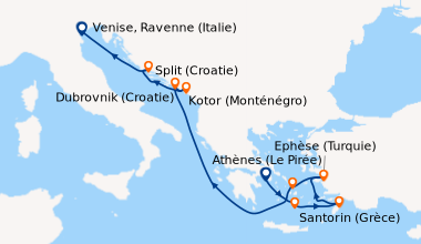 Itinéraire de la croisière Athènes (Le Pirée), En mer, Santorin (Grèce),...