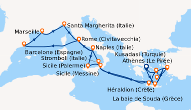 Itinéraire de la croisière Athènes (Le Pirée), Héraklion (Crète), Kusada...
