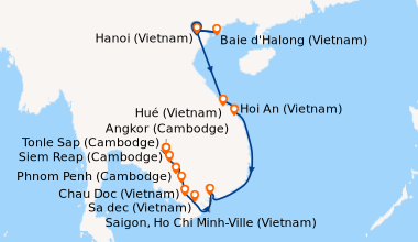 Itinéraire de la croisière Du delta du Mékong aux temples d'Angkor, les villes impériales, HanoÏ et la Baie d'Along (1H9_PP)