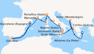 Itinéraire de la croisière Athènes (Le Pirée), En mer, Kotor (Monténégro...