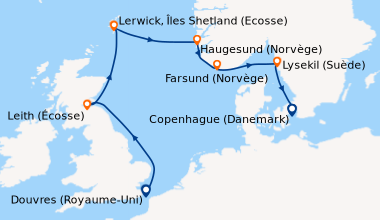 Itinéraire de la croisière Douvres (Royaume-Uni), En mer, Leith (Écosse)...