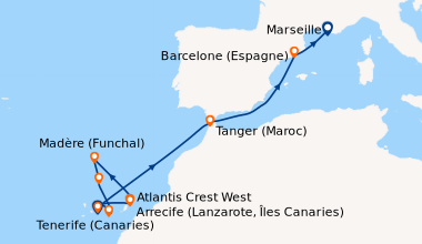 Itinéraire de la croisière Canaries, Madère, Maroc, Espagne, France