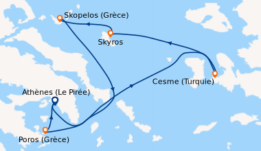 Itinéraire de la croisière Athènes (Le Pirée), En mer, Cesme (Turquie), ...