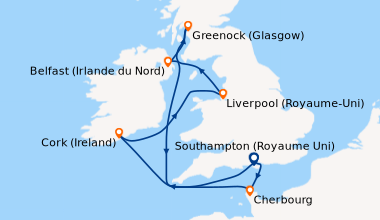 Itinéraire de la croisière Southampton (Royaume Uni) , Cherbourg, Cork (...