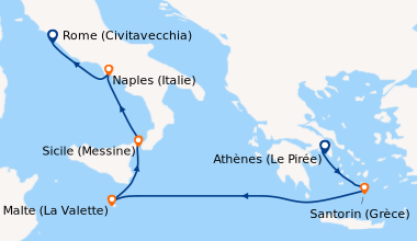 Itinéraire de la croisière Athènes (Le Pirée), Santorin (Grèce), En mer,...