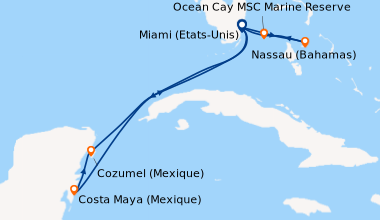 Itinéraire de la croisière Miami (Etats-Unis), En mer, Nassau (Bahamas),...