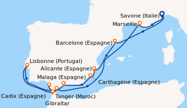 Itinéraire de la croisière Italie, Espagne, Maroc, Gibraltar, Portugal, France