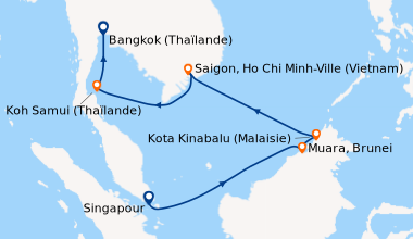 Itinéraire de la croisière Singapour, Singapour, En mer, Muara, Brunei, ...