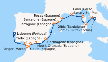 Itinéraire de la croisière Lisbonne (Portugal), En mer, Cadix (Espagne),...