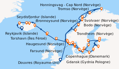 Itinéraire de la croisière Douvres (Royaume-Uni), En mer, En mer, Trondh...