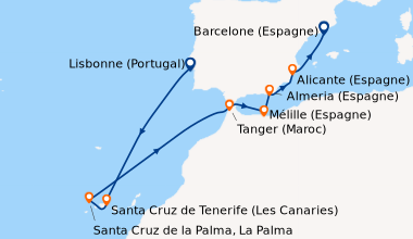 Itinéraire de la croisière Lisbonne (Portugal), En mer, Santa Cruz de Te...