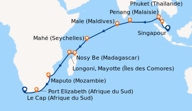 Itinéraire de la croisière Singapour, En mer, Penang (Malaisie), Phuket ...