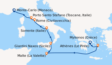 Itinéraire de la croisière Athènes (Le Pirée), Mykonos (Grèce), En mer, ...