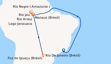 Itinéraire de la croisière Au fil de l'Amazone et du Rio Negro - Croisière confidentielle au cœur d'une nature secrète et préservée - Rio, vibrante et éternelle, et séjour d'exception aux chutes d'Iguaçu (formule port/port) (MAO_RIGPP)