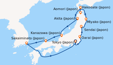 Itinéraire de la croisière Tokyo (Japon), Sendai (Japon), Miyako (Japon)...