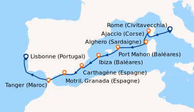 Itinéraire de la croisière Rome (Civitavecchia), Ajaccio (Corse), Algher...