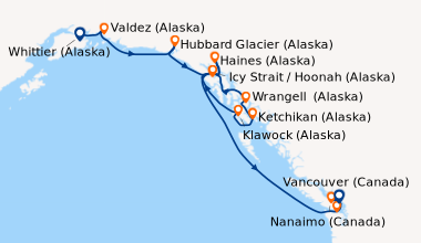 Itinéraire de la croisière Whittier (Alaska), Valdez (Alaska), Hubbard G...