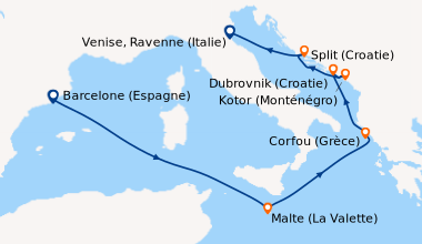 Itinéraire de la croisière Barcelone (Espagne), En mer, Malte (La Valett...