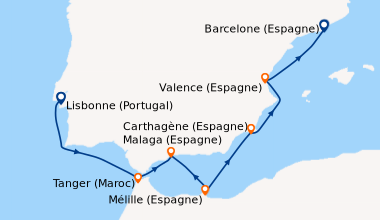 Itinéraire de la croisière Lisbonne (Portugal), En mer, Tanger (Maroc), ...