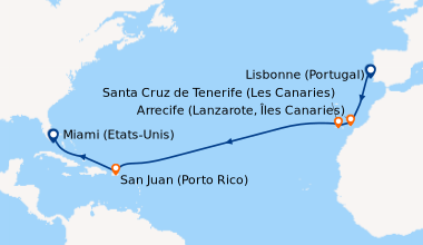 Itinéraire de la croisière Lisbonne (Portugal), En mer, Arrecife (Lanzar...