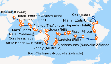 Itinéraire de la croisière Un Monde Infini 108 nuits
