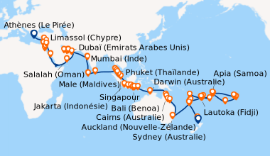 Itinéraire de la croisière Athènes (Le Pirée), En mer, Limassol (Chypre)...